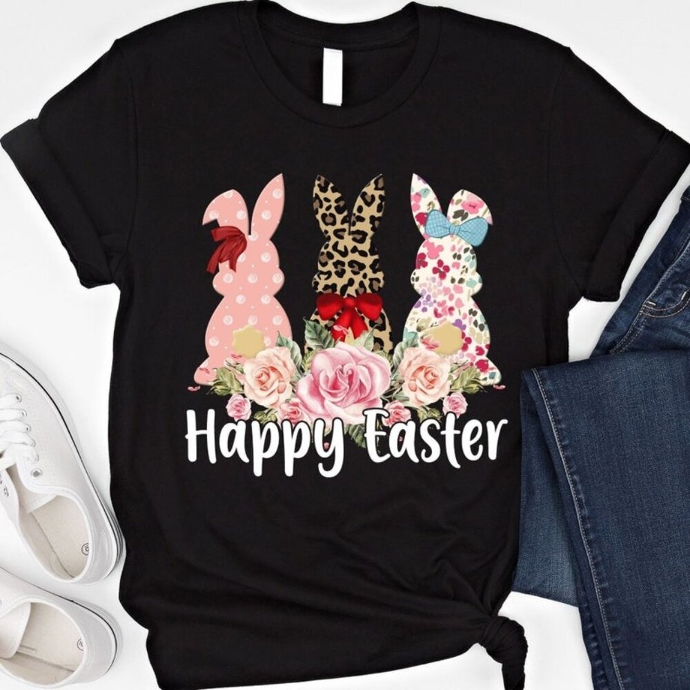 Happy Easter Shirt Leopard Bunny Shirt Floral Easter Bunny Shirt - Picture 1 of 4